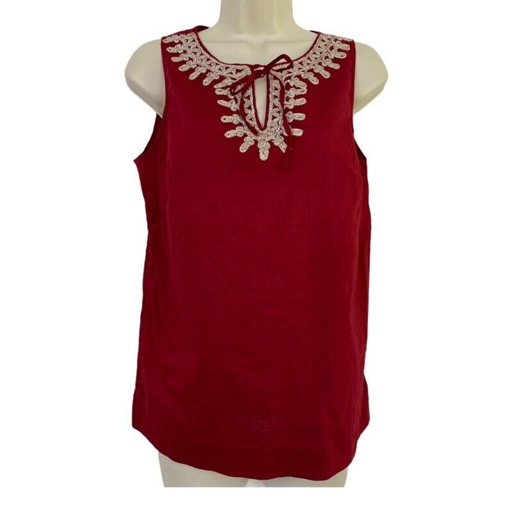 Ann Taylor LOFT‎ Top Womens Small Red Sleeveless Keyhole Neck Embroidered Boho